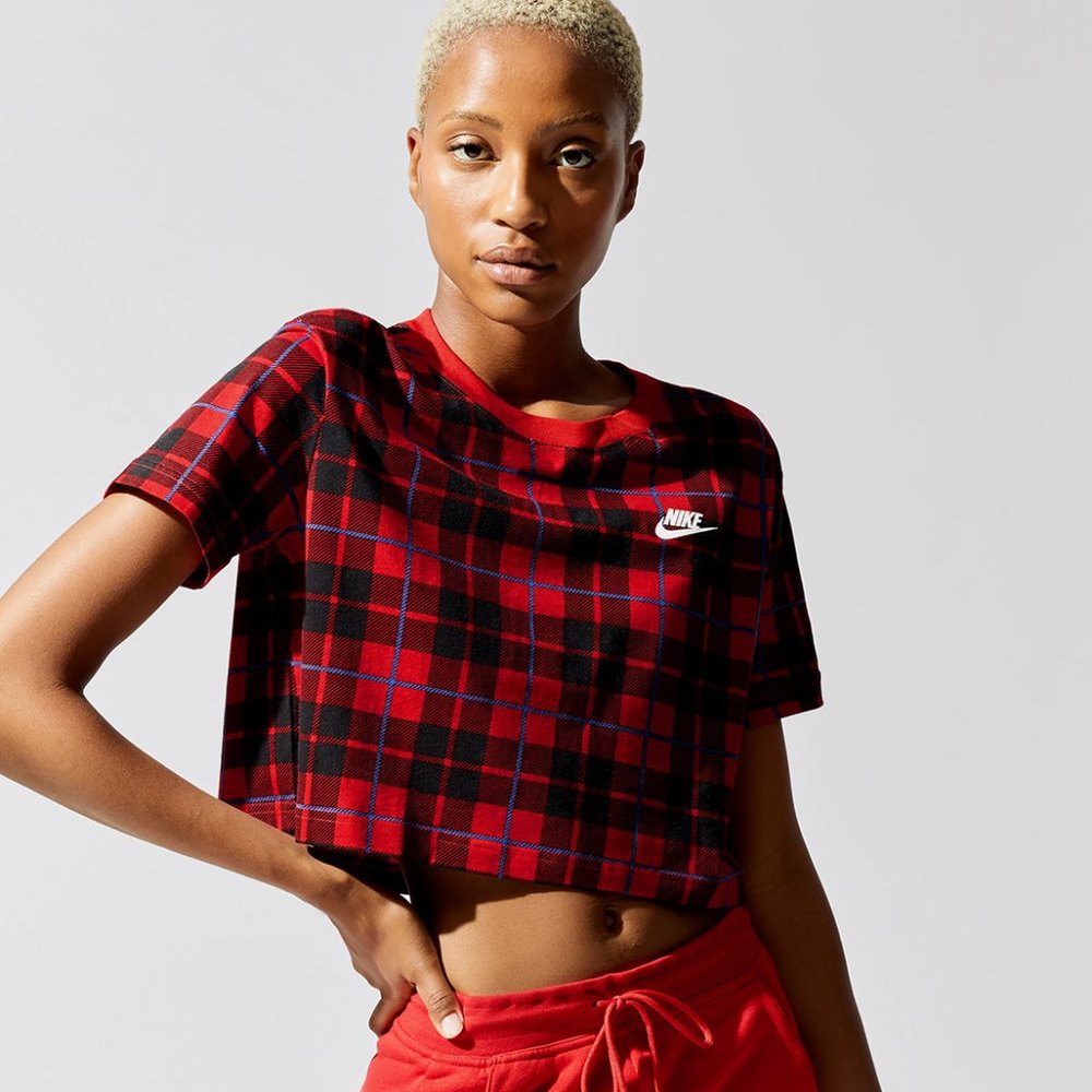Nike Futura Plaid Cotton Crop Top In Red